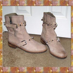 size 8.5 SAM EDELMAN Taupe/beige Leather Studded Biker Moto boots